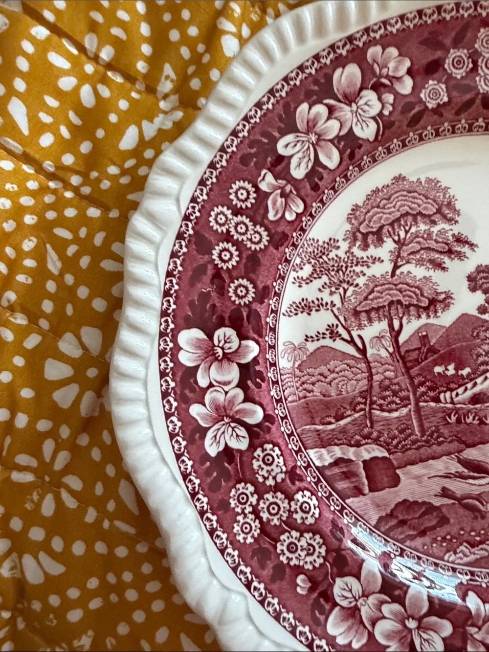 Spode Red Transferware Scenic Decorative Charger with Scalloped Edge